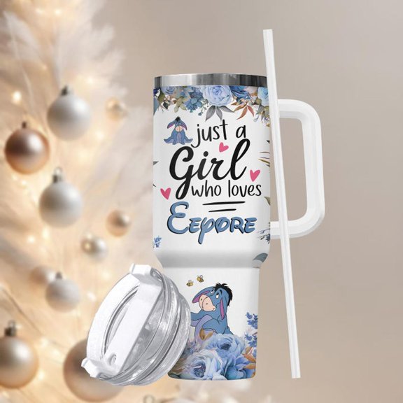 Eeyore Tumbler, Engraved Stainless Tumbler With Handle, Coffee Cup Gift For Her, Cartoon Drinkware For Holidays, Festive Gift, Tumbler 40oz