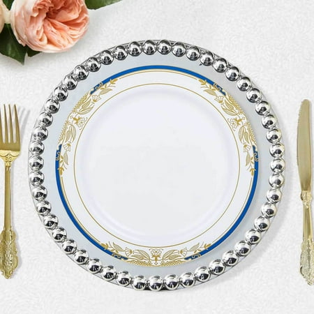 Efavormart 10 PCS | 10" Round Royal Blue Rim Disposable Dinner Plates With Gold Vine Design For Weddings Party Events