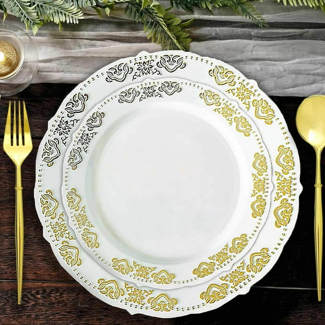 Efavormart 10 PCS | 7.5" Round Gold Embossed Disposable Salad Plates With Scalloped Edges For Weddings Party Events