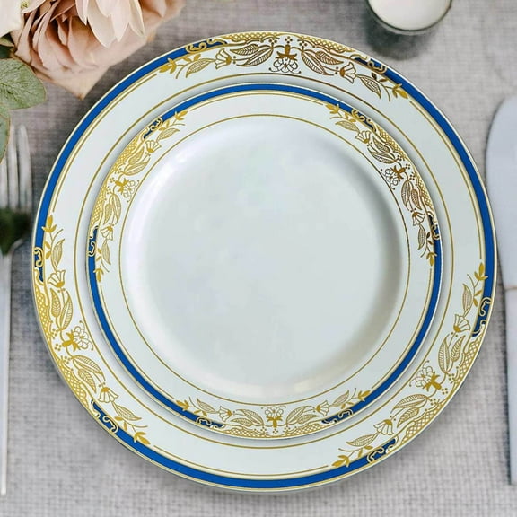 Efavormart 10 PCS | 8" Round Royal Blue Rim Disposable Salad Plates With Gold Vine Design For Weddings Party Events