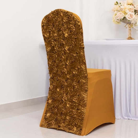 Efavormart 10 PCS Gold Satin Rosette Spandex Stretch Banquet Chair Cover, Fitted Chair Cover