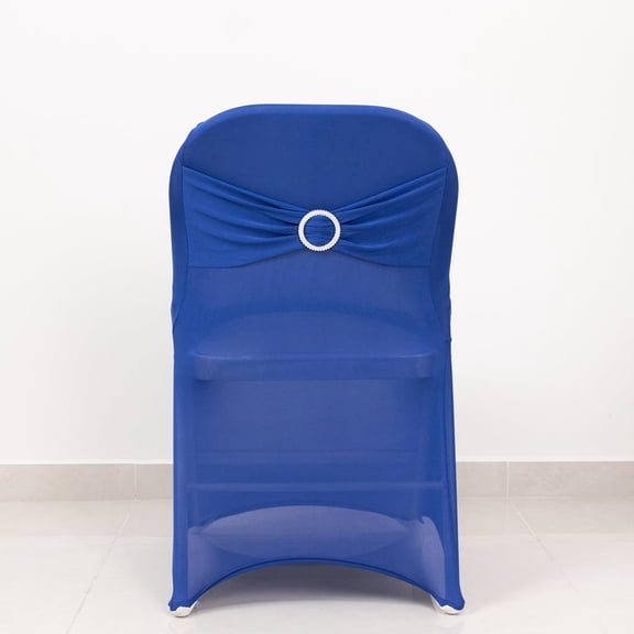 Efavormart 10 PCS Royal Blue Spandex Folding Slip On Chair Cover with Silver Rhinestone Buckled Sash Band, Stretch Fitted Chair Cover