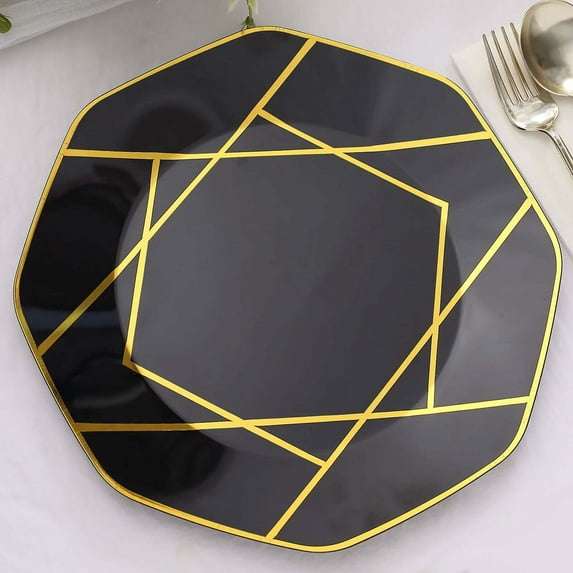 Efavormart 10 Pack | 10" Black / Gold Geometric Design Plastic Dessert Plates, Disposable Octagon Salad/Appetizer Party Plates