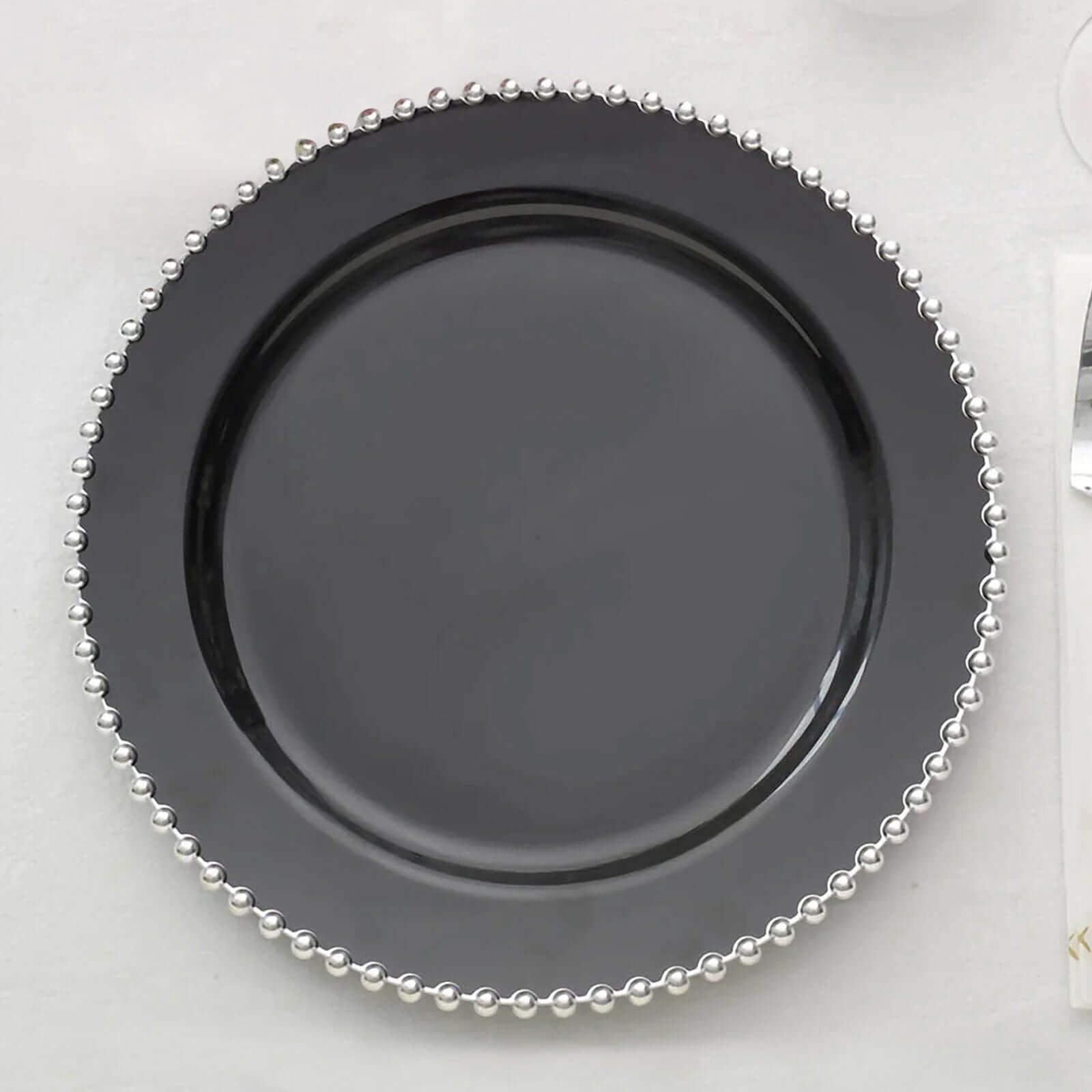 Efavormart 10 Pack | 10" Black / Silver Beaded Rim Plastic Dinner Plates, Disposable Round Party Plates