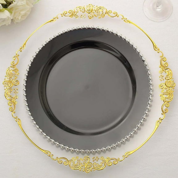 Efavormart 10 Pack | 10" Black / Silver Beaded Rim Plastic Dinner Plates, Disposable Round Party Plates