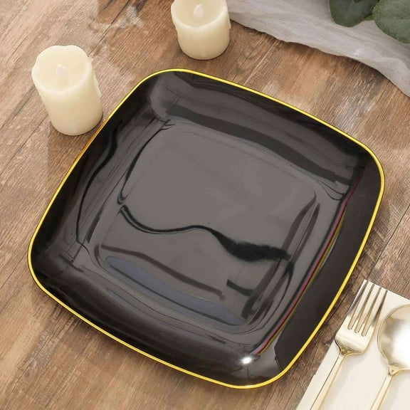 Efavormart 10 Pack | 10" Black With Gold Rim Square Plastic Dessert Party Plates, Disposable Appetizer Salad Plates
