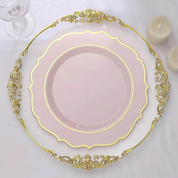 Efavormart 10 Pack | 10" Blush / Rose Gold Plastic Dinner Plates Disposable Tableware Round With Gold Scalloped Rim for Wedding, Outdoor Receptions, Banquets, Holiday Dining