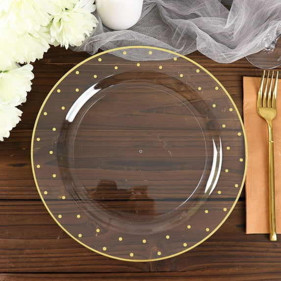 Efavormart 10 Pack | 10" Clear Dinner Plates, Round Plastic Disposable Tableware Plates - Gold Dot Rim