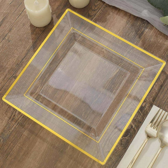 Efavormart 10 Pack 10" Clear Disposable Plates Square Plastic Plates Salad Dessert Plates With Shiny Gold Rim For Weddings
