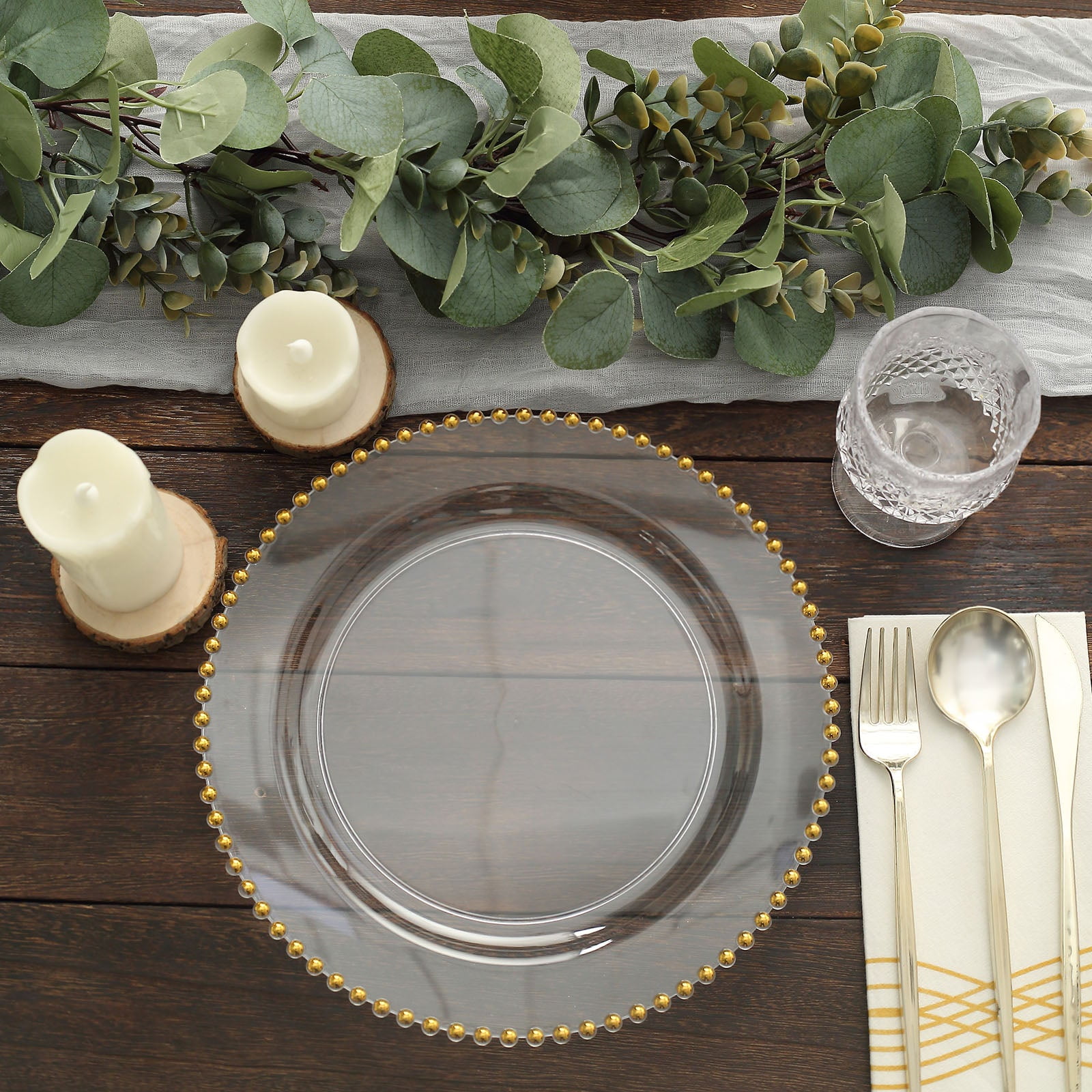 "Efavormart 10 Pack | 10"" Clear/Gold Beaded Rim Plastic Dinner Plates ...