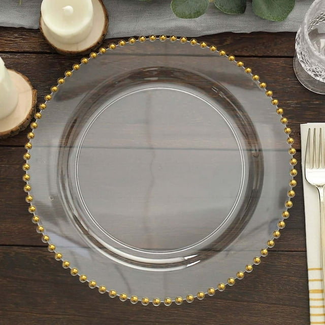 "Efavormart 10 Pack | 10"" Clear/Gold Beaded Rim Plastic Dinner Plates ...