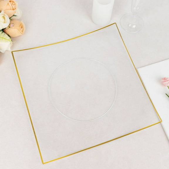 Efavormart 10 Pack | 10" Clear / Gold Concave Square Hard Plastic Dinner Plates, Disposable Party Plates