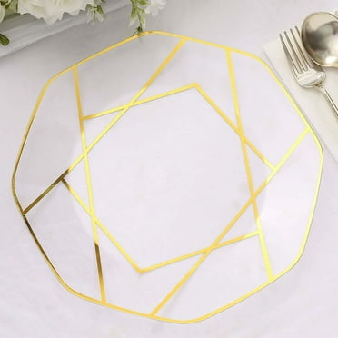 Efavormart 10 Pack | 10" Clear / Gold Geometric Design Plastic Dessert Plates, Disposable Octagon Salad/Appetizer Party Plates