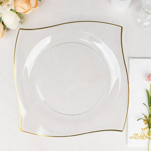 Efavormart 10 Pack | 10" Clear / Gold Wavy Rim Square Hard Plastic Dinner Plates, Disposable Party Plates
