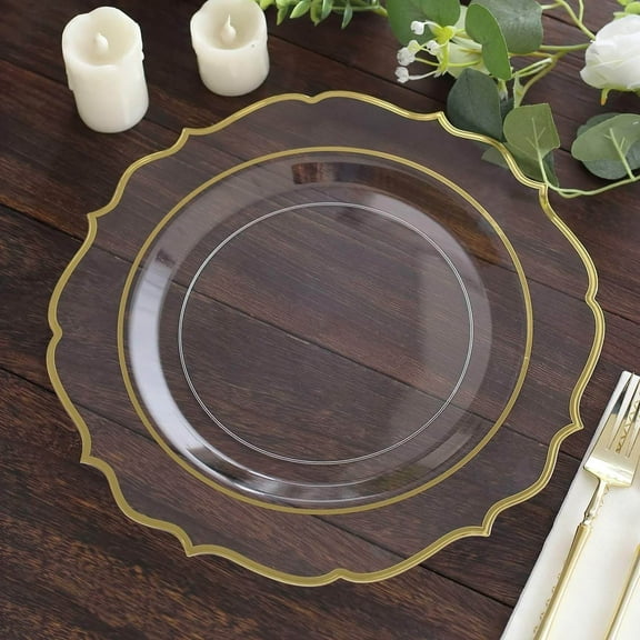 Efavormart 10 Pack | 10" Clear Plastic Dinner Plates Disposable Tableware Round With Gold Scalloped Rim for Wedding, Outdoor Receptions, Banquets, Holiday Dining