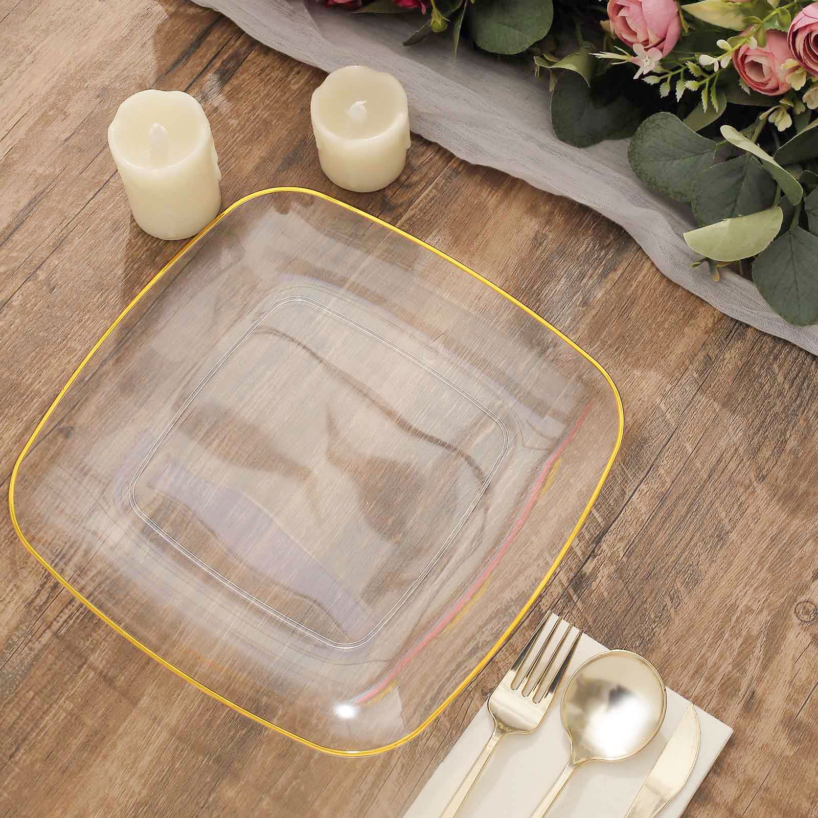 Efavormart 10 Pack 10" Clear With Gold Rim Square Plastic Dinner