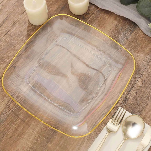 Efavormart 10 Pack | 10" Clear With Gold Rim Square Plastic Dinner Plates, Disposable Lunch Party Plates