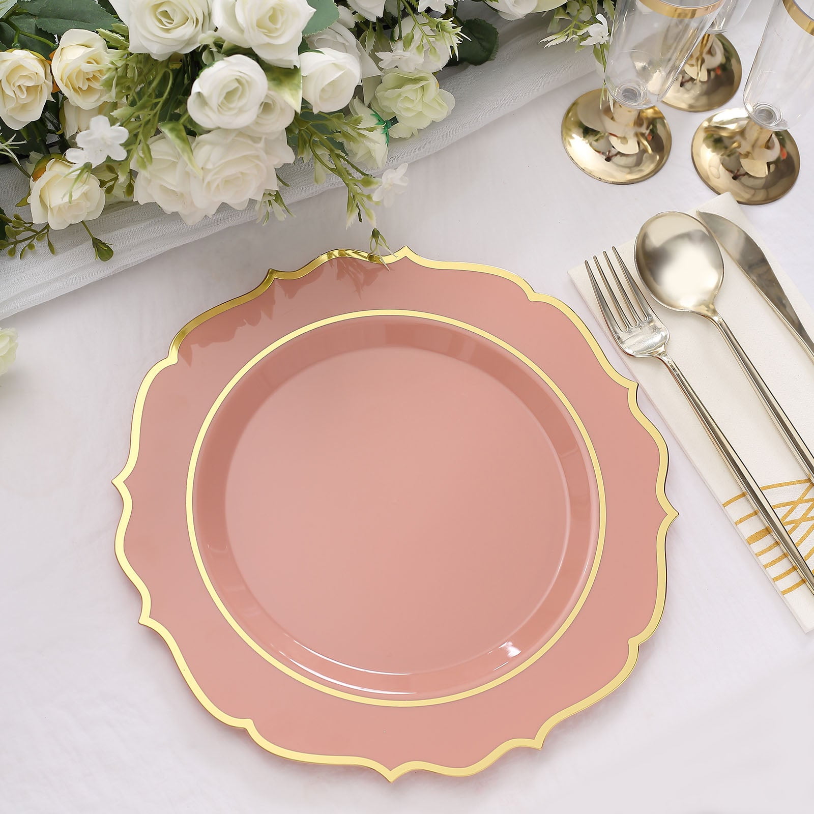 Efavormart 10 Pack | 10" Dusty Rose Plastic Dinner Plates Disposable Tableware Round With Gold ...