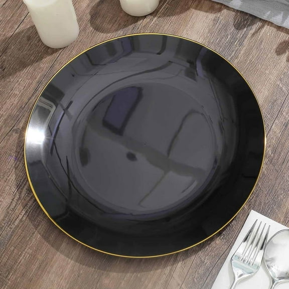 Efavormart 10 Pack | 10" Glossy Black Round Plastic Dinner Plates With Gold Rim, Disposable Party Plates