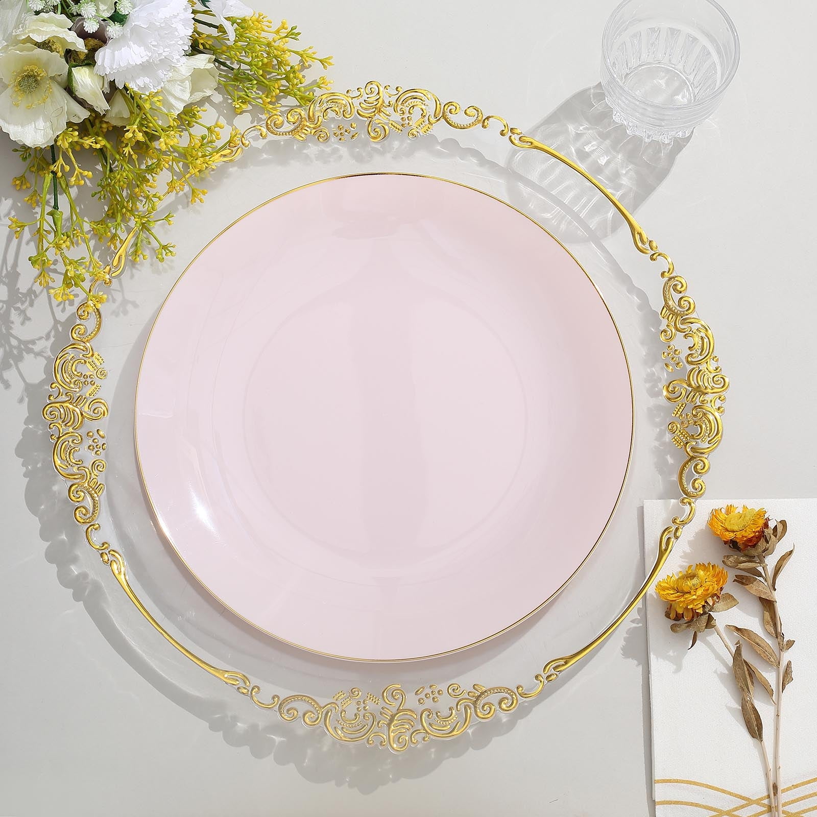 Efavormart 10 Pack | 10" Glossy Blush Rose Gold Round Plastic Dinner Plates With Gold Rim ...