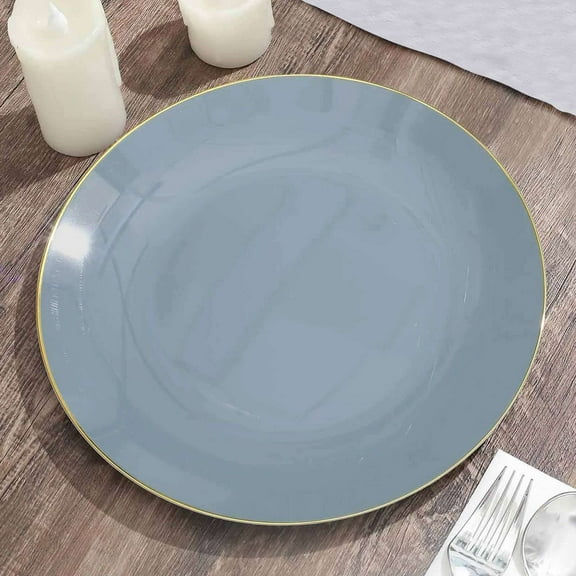 Efavormart 10 Pack | 10" Glossy Dusty Blue Round Plastic Dinner Plates With Gold Rim, Disposable Party Plates
