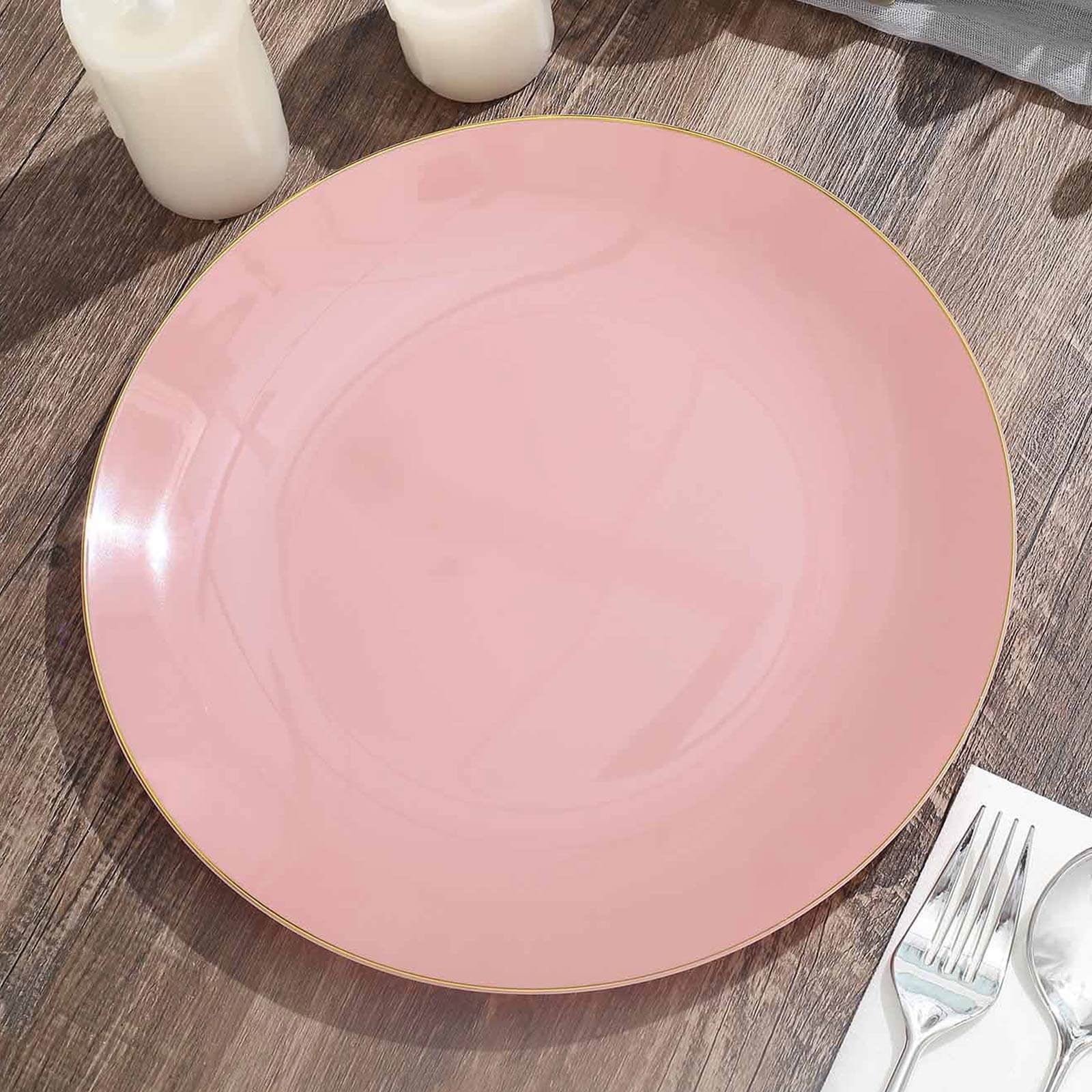Efavormart 10 Pack | 10" Glossy Dusty Rose Round Plastic Dinner Plates With Gold Rim, Disposable ...