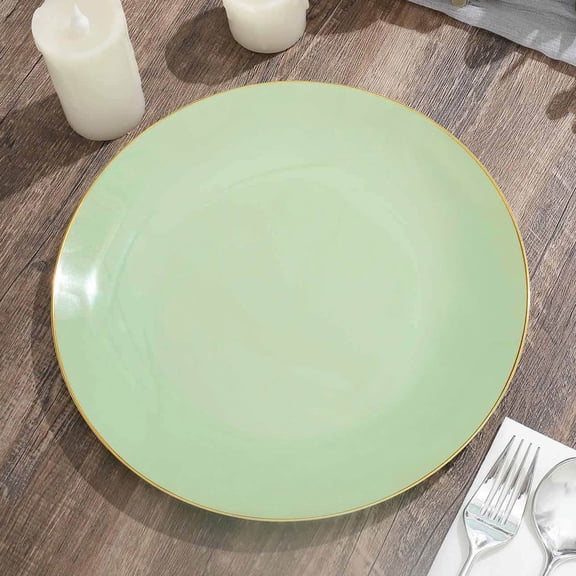 Efavormart 10 Pack | 10" Glossy Sage Green Round Plastic Dinner Plates With Gold Rim, Disposable Party Plates