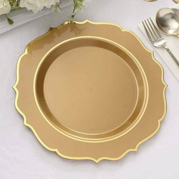 Efavormart 10 Pack | 10" Gold Plastic Dinner Plates Disposable Tableware Round With Gold Scalloped Rim for Wedding, Outdoor Receptions, Banquets, Holiday Dining