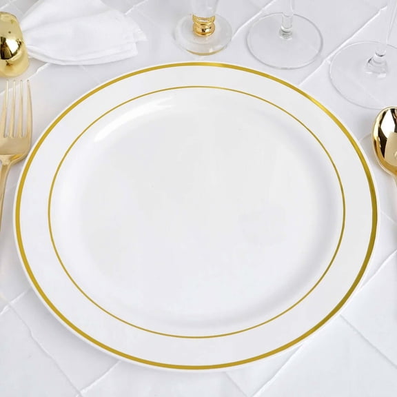 Efavormart 10 Pack - 10" Gold-Trimmed White Round Plastic Dinner Plates for Weddings, Birthdays, Parties, Gathering, Graduation Ceremonies, Special Events