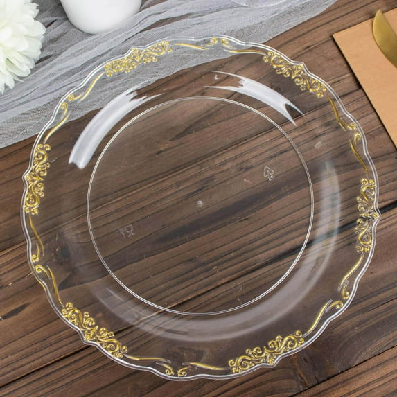 Efavormart 10 Pack | 10" Gold Vintage Rim Clear Hard Plastic Dessert Plates With Embossed Scalloped Edges, Disposable Salad Plates