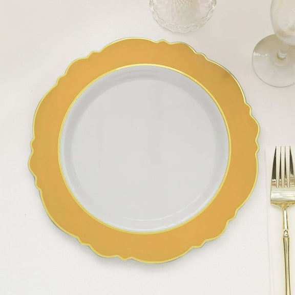 Efavormart 10 Pack | 10" Gold / White Plastic Party Plates With Round Blossom Design, Disposable Dinner Plates With Gold Rim