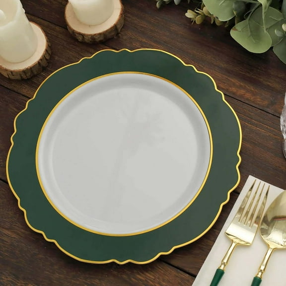 Efavormart 10 Pack | 10" Hunter Emerald Green / White Plastic Party Plates With Round Blossom Design, Disposable Dinner Plates With Gold Rim