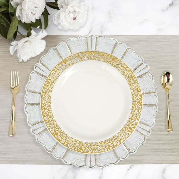 Efavormart 10 Pack - 10" Ivory Round Disposable Plastic Dinner Plates With Gold Lace Design Rim for Weddings, Birthdays, Parties, Gathering, Graduation Ceremonies, Special Events