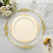 Efavormart 10 Pack | 10" Round Plastic Dinner Plates In Vintage Ivory, Gold Leaf Embossed Baroque Disposable Plates