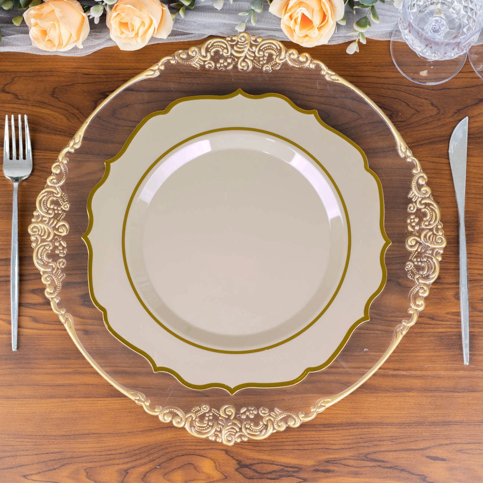 Efavormart 10 Pack | 10" Taupe Gold Plastic Dinner Plates, Disposable ...
