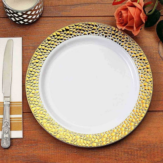 Efavormart 10 Pack |10" White Disposable Plates Round Salad Plates with Gold Hammered Rim