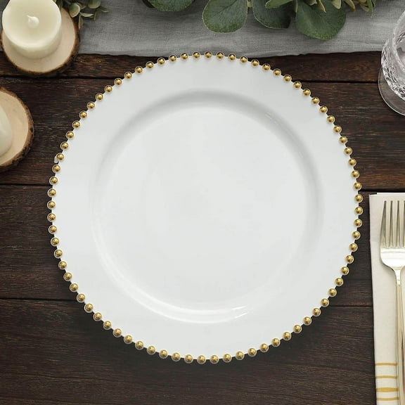 Efavormart 10 Pack | 10" White / Gold Beaded Rim Plastic Dinner Plates, Disposable Round Party Plates