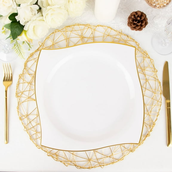 Efavormart 10 Pack | 10" White / Gold Wavy Rim Square Hard Plastic Dinner Plates, Disposable Party Plates