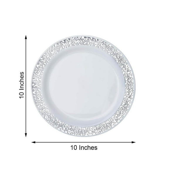 Efavormart 10 Pack - 10" White Round Disposable Plastic Dinner Plates With Silver Lace Design Rim for Weddings, Birthdays, Parties, Gathering, Graduation Ceremonies, Special Events