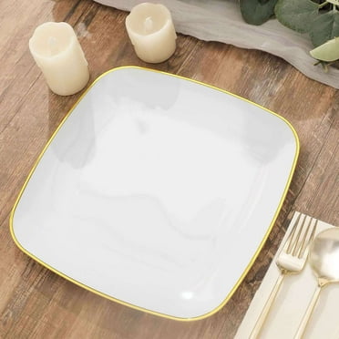 Efavormart 10 Pack | 10" White With Gold Rim Square Plastic Dinner Plates, Disposable Lunch Party Plates