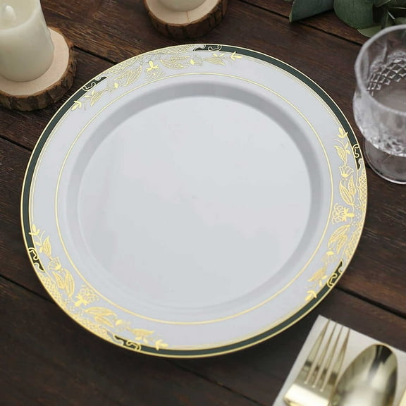 Efavormart 10 Pack | 10" White With Hunter Emerald Green Rim Plastic Appetizer Salad Plates, Round With Gold Vine Design