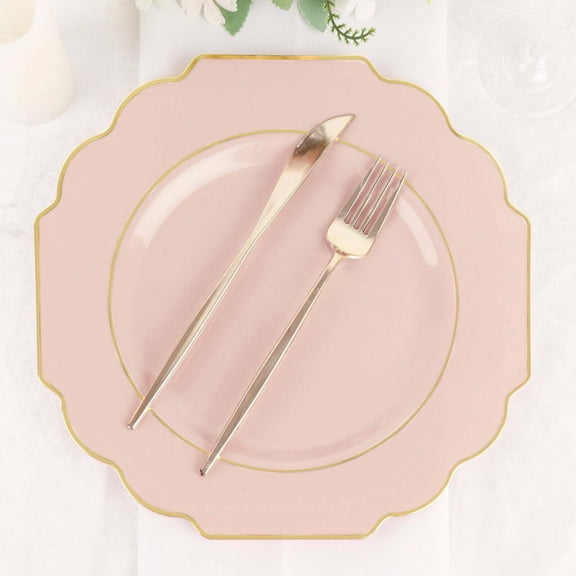 Efavormart 10 Pack | 11" Blush/Rose Gold Hard Plastic Dinner Plates, Disposable Tableware, Baroque Heavy Duty Plates with Gold Rim