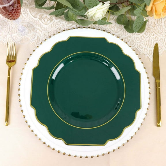 Efavormart 10 Pack | 11" Hunter Emerald Green Hard Plastic Dinner Plates, Disposable Tableware, Baroque Heavy Duty Plates With Gold Rim