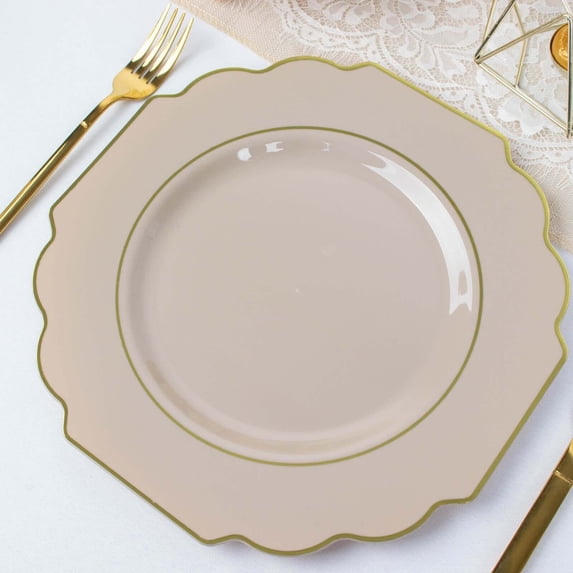 Efavormart 10 Pack | 11" Taupe Hard Plastic Dinner Plates, Disposable Tableware, Baroque Heavy Duty Plates with Gold Rim