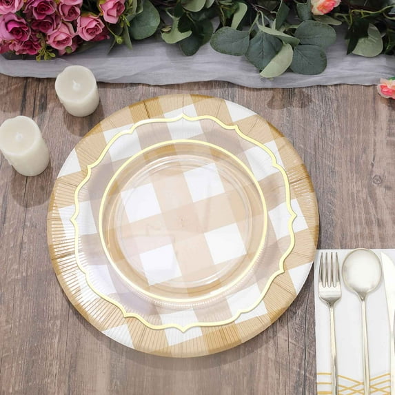 Efavormart 10 Pack | 13" Gold / White Buffalo Plaid Disposable Serving Trays, Round Checkered Sunray Cardboard Charger Plates - 350 GSM