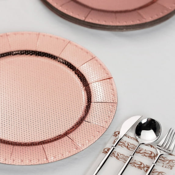 Efavormart 10 Pack | 13" Rose Gold Disposable Charger Plates, Cardboard Serving Tray, Round with Glitter Texture Dotted Rims - 1100 GSM