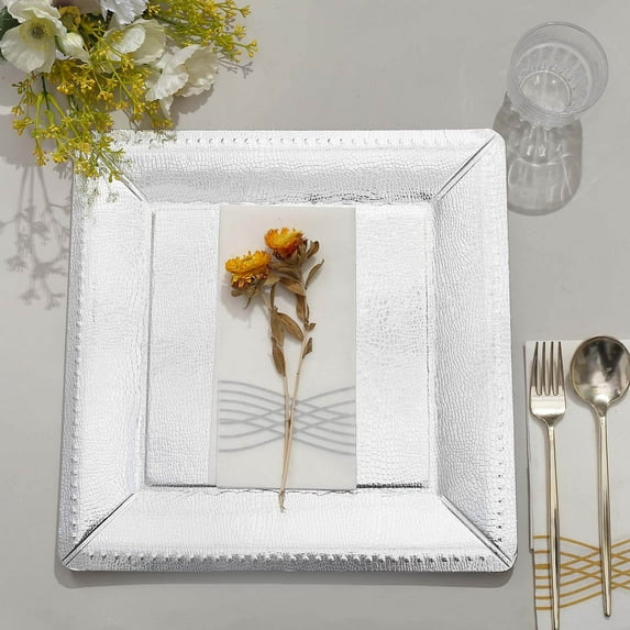Efavormart 10 Pack | 13" Silver Textured Disposable Square Serving Trays, Leather Like Cardboard Charger Plates - 1100 GSM