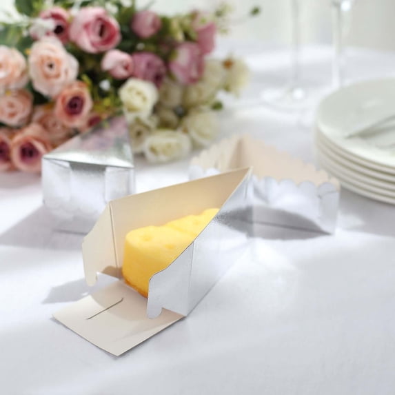 Efavormart 10 Pack | 4"X2.5" Silver Single Slice Triangular Cake Boxes With Scalloped Top, Party Favor Gift Box
