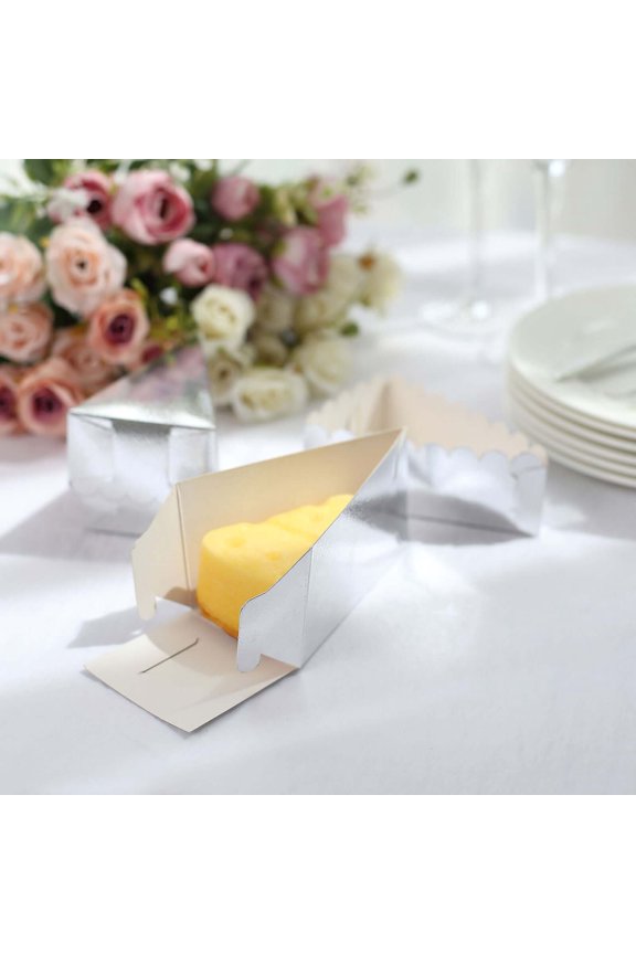 10 Pack | 4"X2.5" Silver Single Slice Triangular Cake Boxes With Scalloped Top, Party Favor Gift Box
