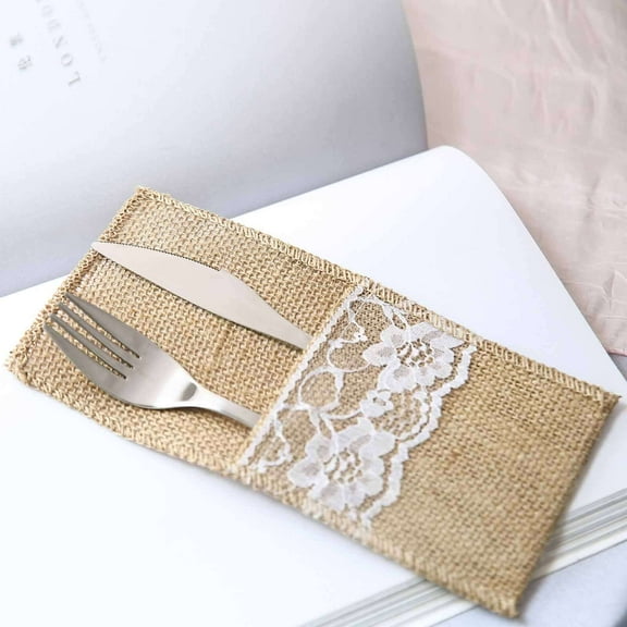 Efavormart 10 Pack | 4"x8" Natural Burlap/Lace Single Set Silverware Holder Pouch
